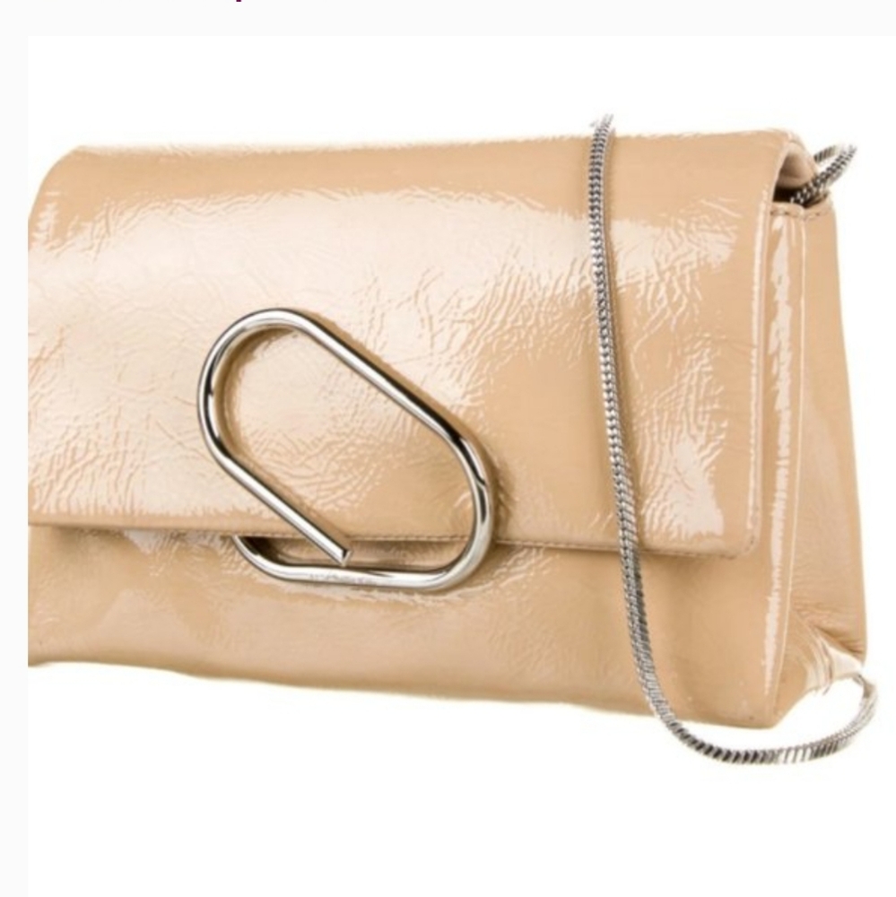 Phillip Lim 3.1 Alix Patent Leather Front Flap Shoulder Bag Beige Chrome Accents - Picture 2 of 6